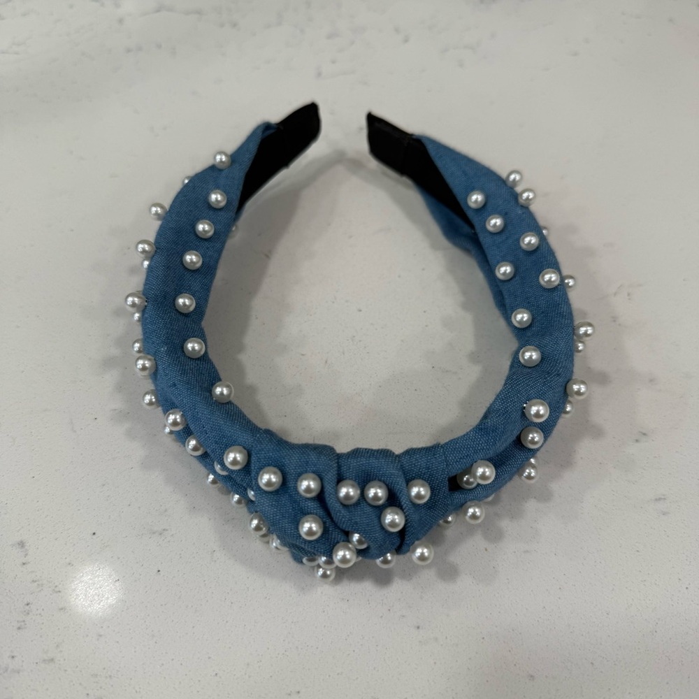 Denim Pearl Knotted Headband